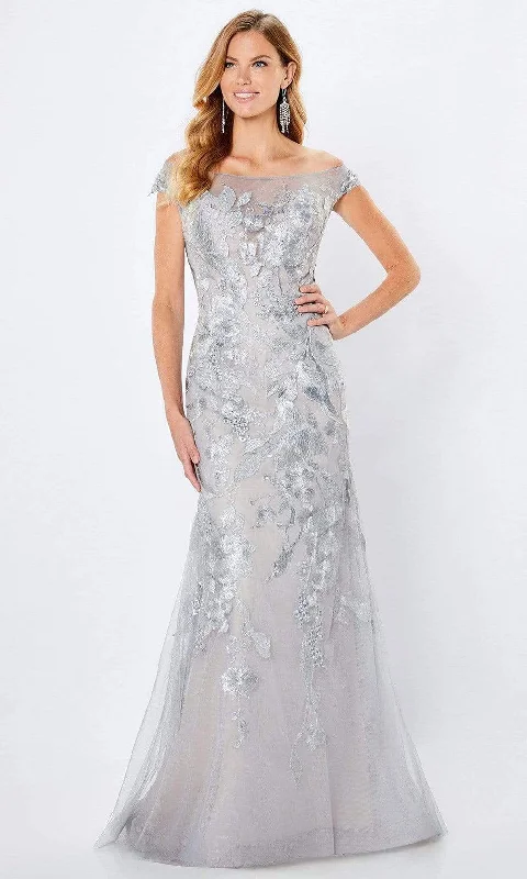 Wedding guest dresses with abstract prints and long trainsMontage by Mon Cheri - 221968 Illusion Off-Shoulder Mother of the Bride Dress