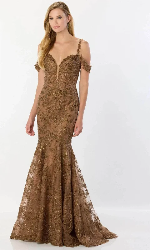 Wedding guest dresses with cold - shoulder ruffled sleeves and knee - length hemsMontage by Mon Cheri M2232 - Sheer Insert Sequin Embellished Prom Gown