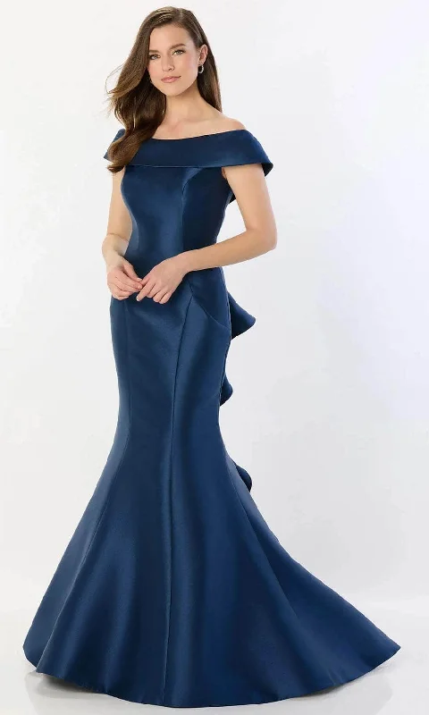 Sheath - style wedding guest dresses with lace overlaysMontage by Mon Cheri M2237 - Ruffled Detail Off-Shoulder Prom Gown