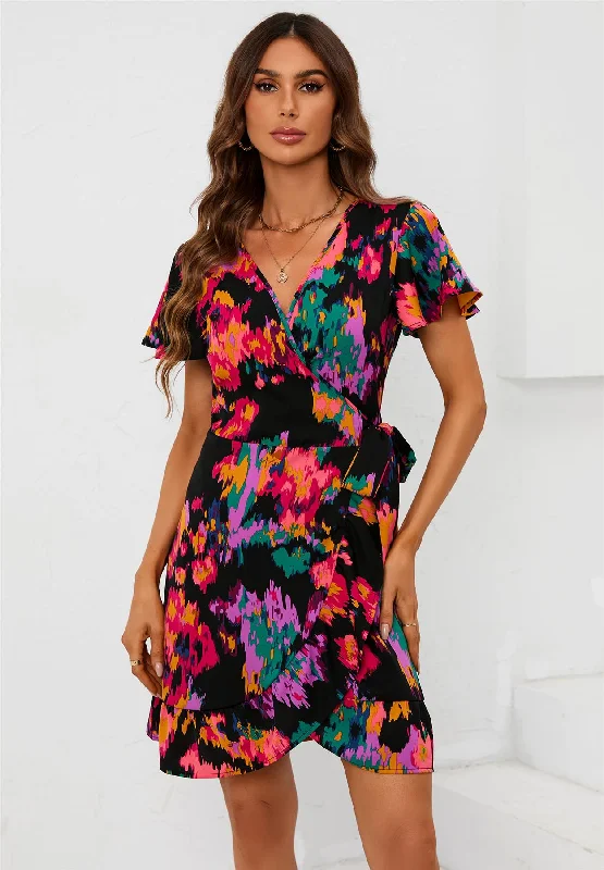 Mini dresses with halter necks for a stylish choiceMulti Colour Printed Mini Wrap Dress In Black