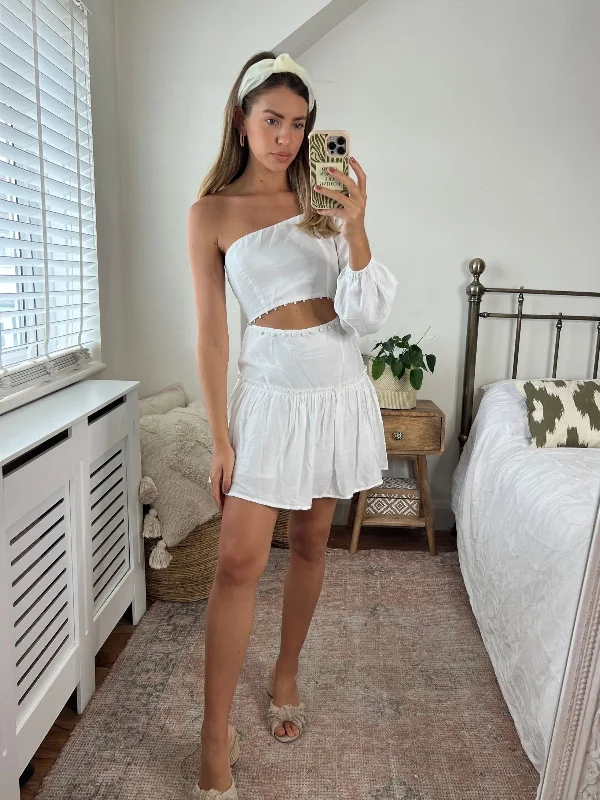 Mini dresses with ribbed textures for a unique appearanceNia One Shoulder Mini Dress / White
