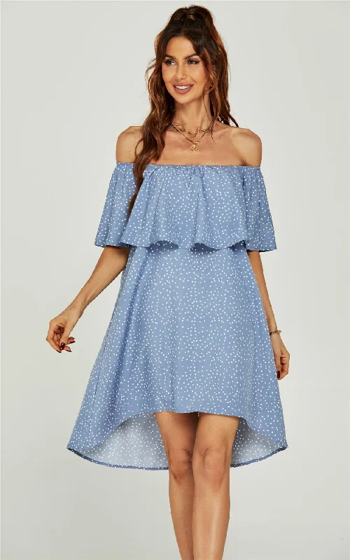 Mini dresses with tiered skirts for added volumePolka Dot Print Bardot Frill Off Shoulder Mini Dress In Blue Mini dresses with tiered skirts for added volumePolka Dot Print Bardot Frill Off Shoulder Mini Dress In Blue
