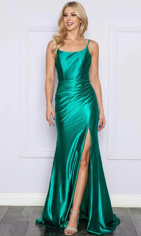 Wedding guest dresses with empire waists and tulle skirtsPoly USA 9250 - High Slit Satin Prom Dress