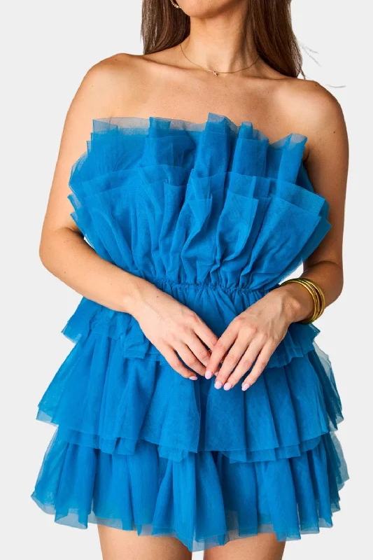 Mini dresses with V - necklines for a flattering shapePowder Puff Strapless Tulle Mini Dress - Indigo Mini dresses with V - necklines for a flattering shapePowder Puff Strapless Tulle Mini Dress - Indigo