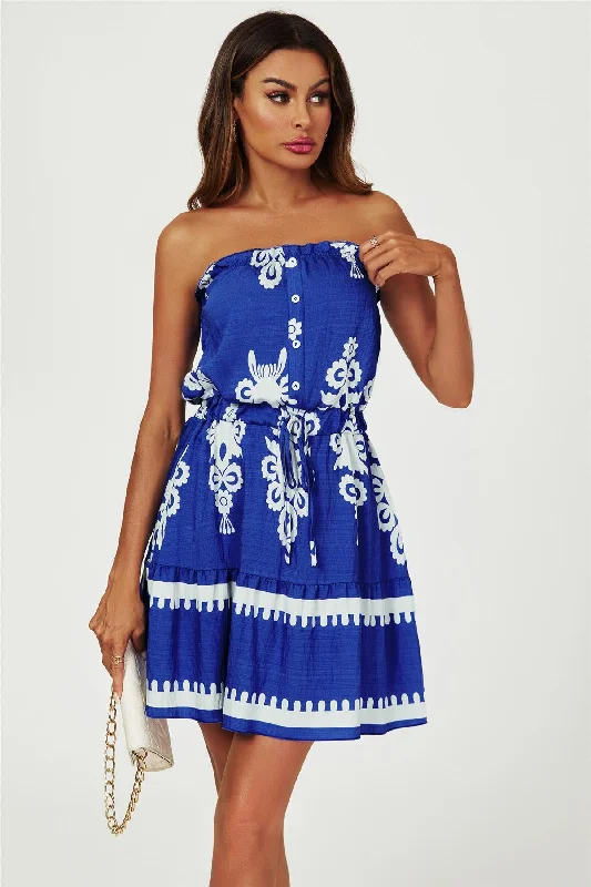 Mini dresses with cold - shoulder designsPrinted Broderie Strapless Mini Dress In Blue