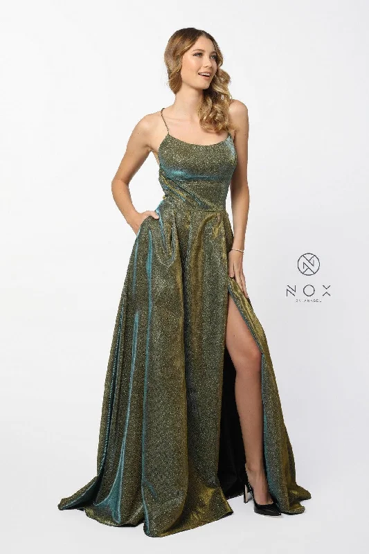 Sequined wedding guest dresses for an evening weddingProm Long Formal Spaghetti Strap Metallic Dress