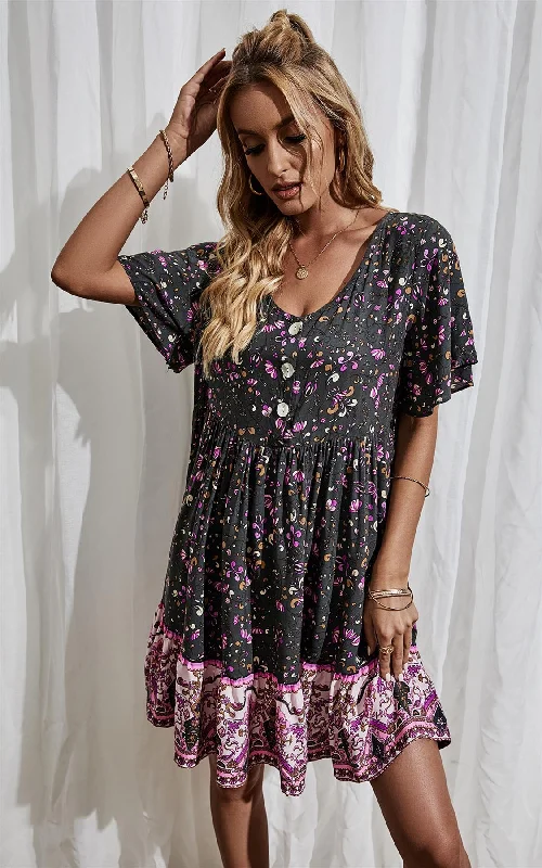 Cotton mini dresses for a comfortable everyday optionPurple Floral Print Button Front Mini Dress In Black
