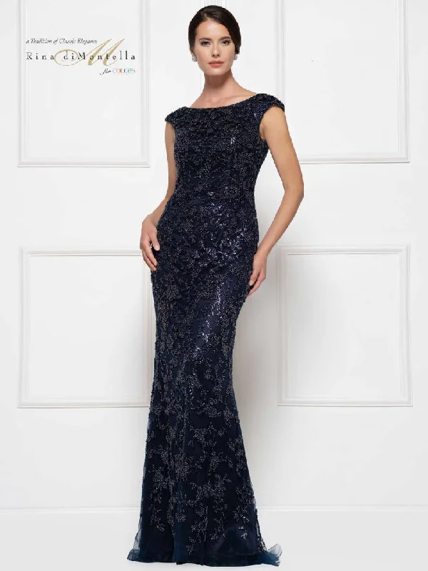 Wedding guest dresses with high - low hems and floral appliquesRina di Montella Cap Sleeve Long Formal Dress 2698