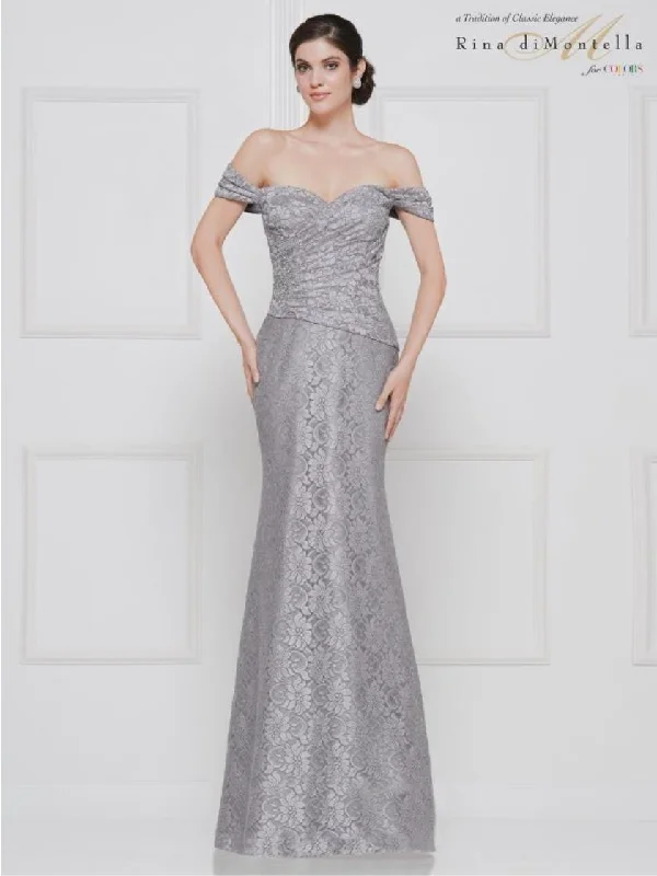 Wedding guest dresses with puff sleeves and knee - length hemsRina di Montella Long Formal Off Shoulder Gown 2650