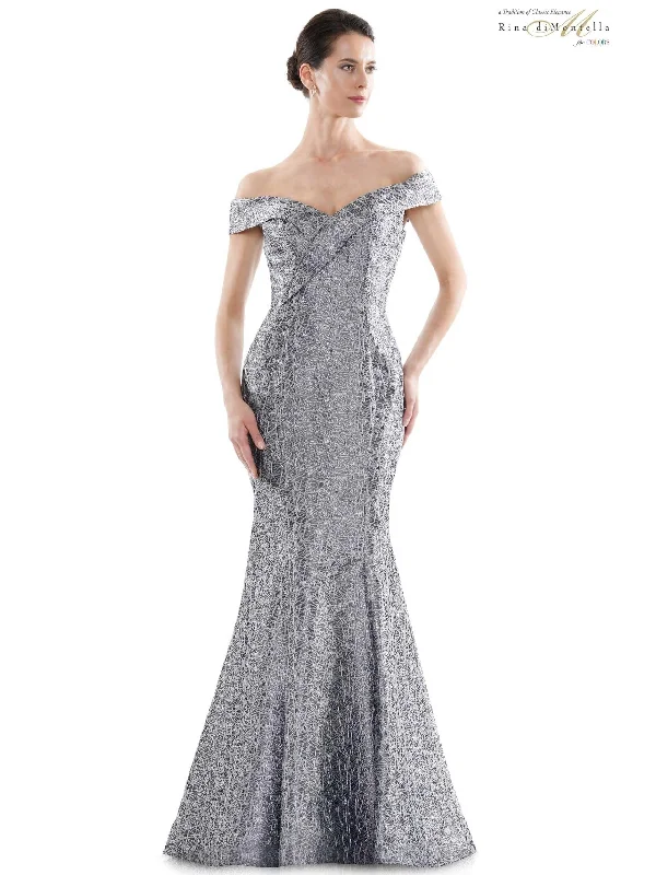 Wedding guest dresses with fringe accents for a bohemian - inspired weddingRina di Montella Long Formal Off Shoulder Gown 2706