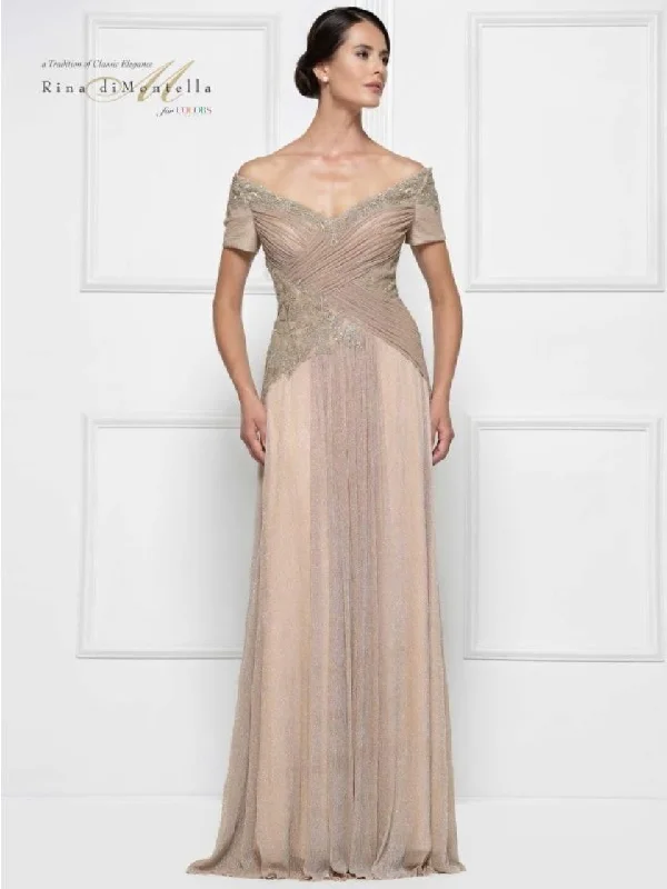 Geometric - printed wedding guest dresses for a modern weddingRina di Montella Off Shoulder Long Dress 2674 Geometric - printed wedding guest dresses for a modern weddingRina di Montella Off Shoulder Long Dress 2674