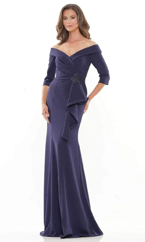 Off - the - shoulder wedding guest dresses in chiffonRina Di Montella - RD2733 Brooch Accented Off-Shoulder Prom Gown