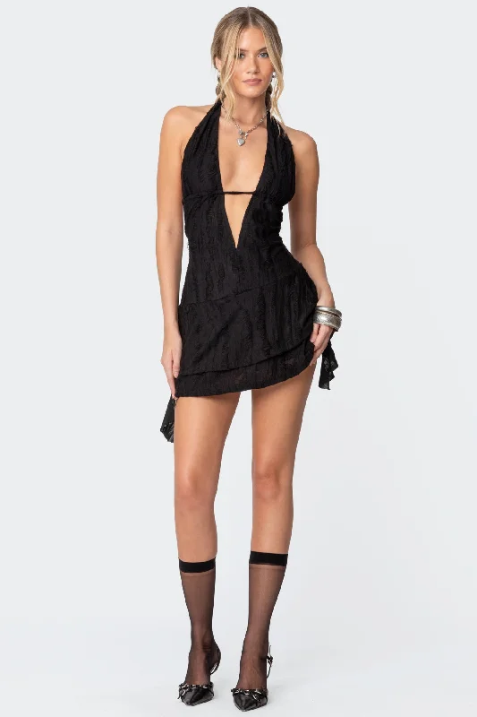 Linen mini dresses for a breathable summer optionShredded Backless Halter Mini Dress Linen mini dresses for a breathable summer optionShredded Backless Halter Mini Dress