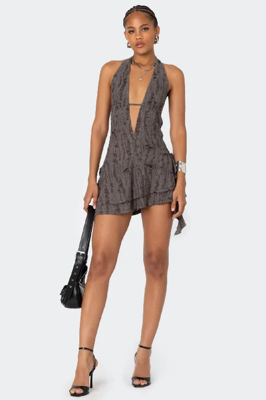 Mini dresses with wrap - around stylesShredded Backless Halter Mini Dress