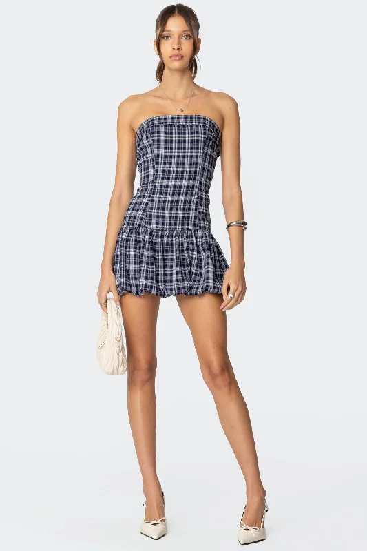 Mini dresses with ruched bodices for a feminine touchPlaid Strapless Bubble Mini Dress Mini dresses with ruched bodices for a feminine touchPlaid Strapless Bubble Mini Dress
