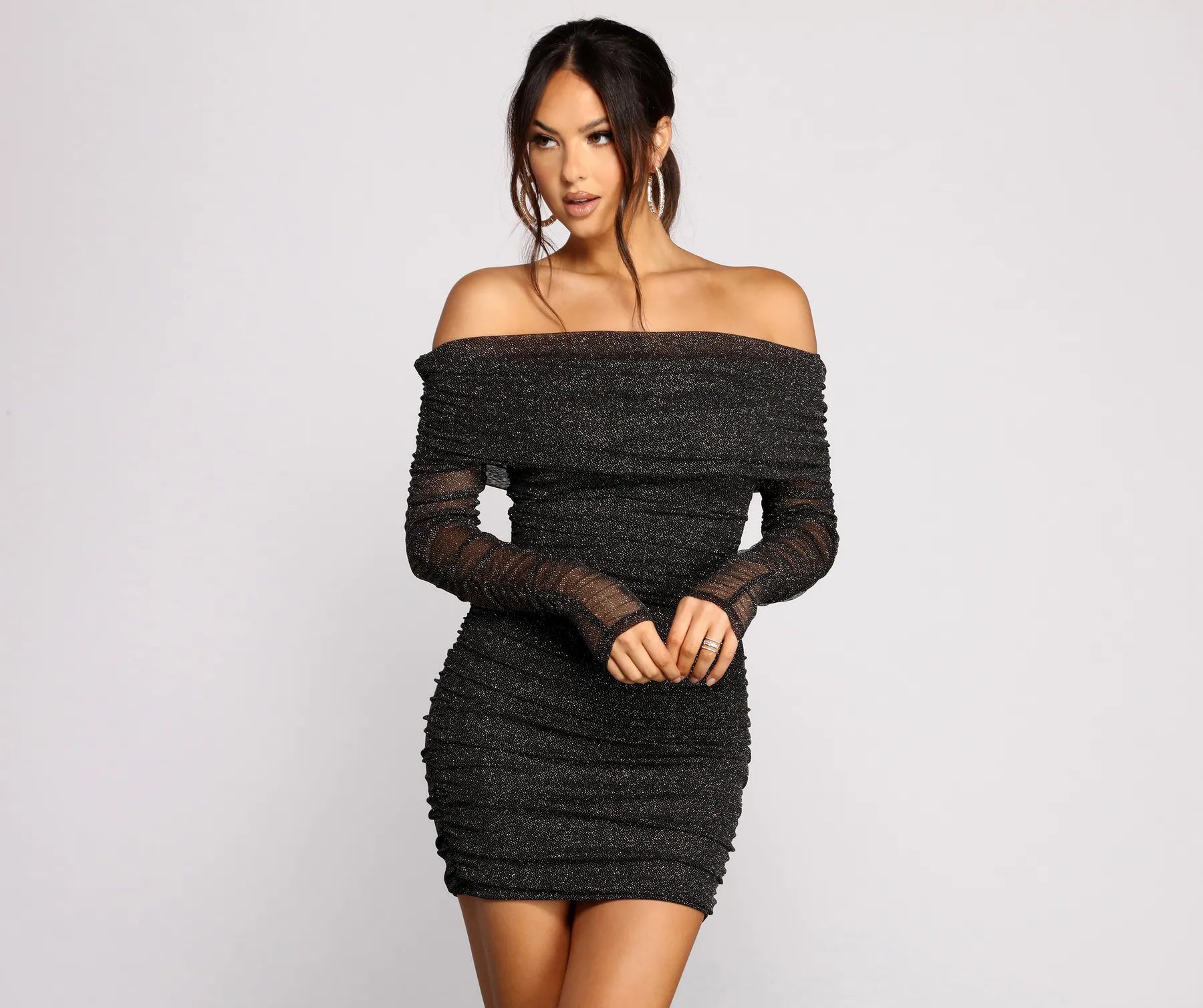 Mini dresses with side slits for a sexy appealShimmer Nights Off the Shoulder Glitter Mini Dress