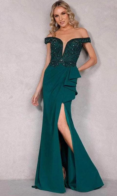 Wedding guest dresses with pom - pom trims for a playful lookTerani Couture 2221M0381 - Off Shoulder Evening Dress with Slit