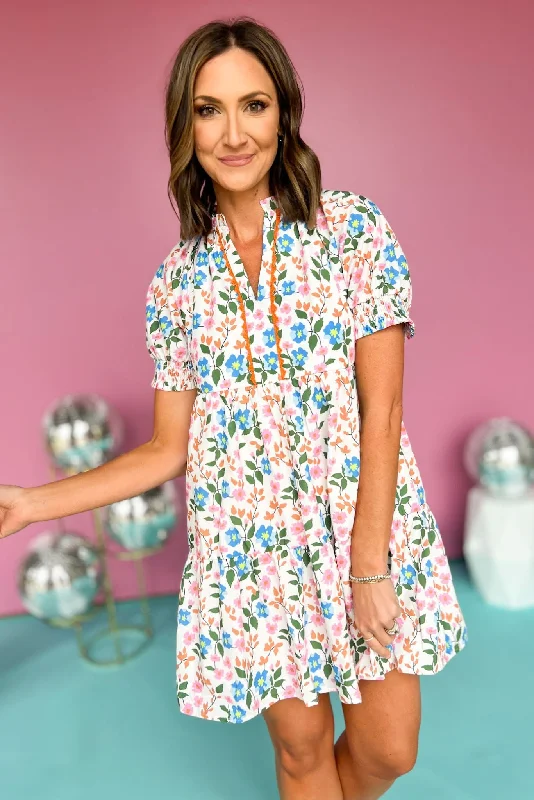 Mini dresses with gathered skirts for a voluminous effectTHML White Frill V Neck Smocked Short Sleeve Floral Dress