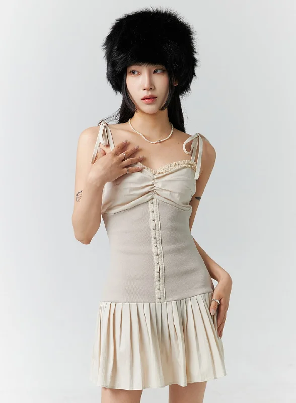 Satin mini dresses for a luxurious feelTie Shoulder Pleated Mini Dress CN328