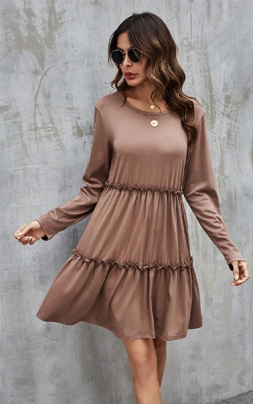 Mini dresses with tiered skirts for added volumeTiered Long Sleeve Mini Dress In Beige