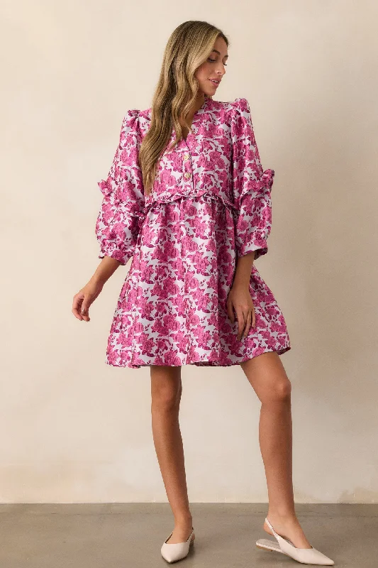 Mini dresses with halter necks for a stylish choiceWaves of Roses Pink Floral Puff Sleeve Mini Dress