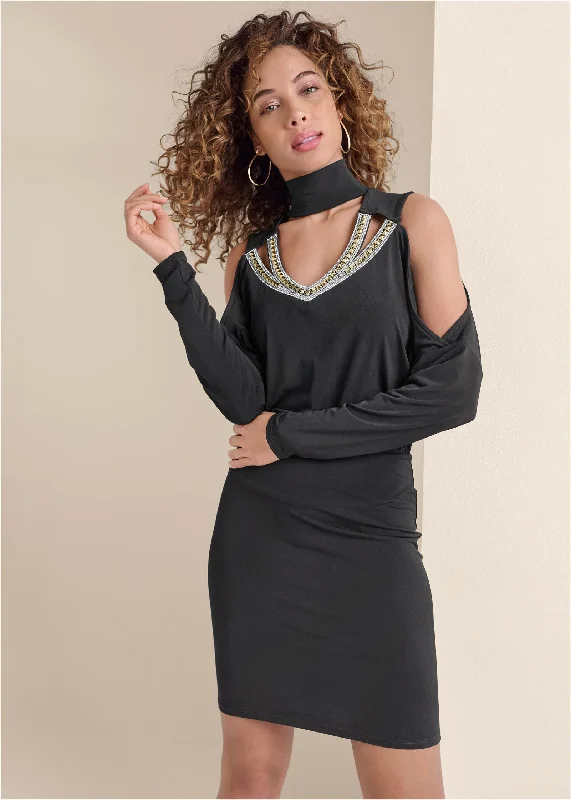 Mini dresses with polka dot patternsEmbellished Cold-Shoulder Dress  - Black