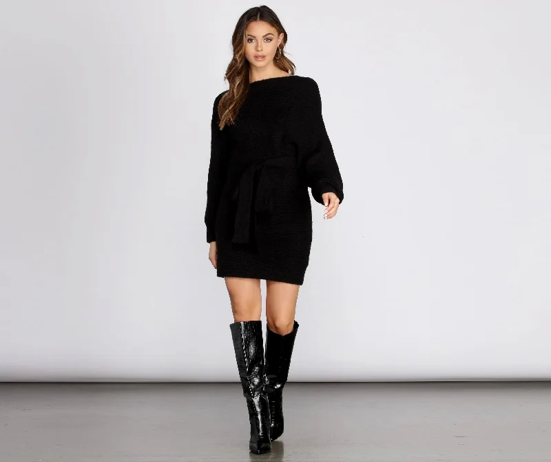 Leather mini dresses for a edgy styleCozy Up Dolman Sleeve Sweater Dress