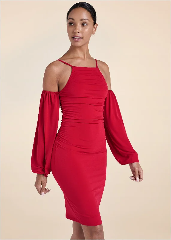 Mini dresses with criss - cross backs for a flirty lookCold-Shoulder Ruched Dress - Red
