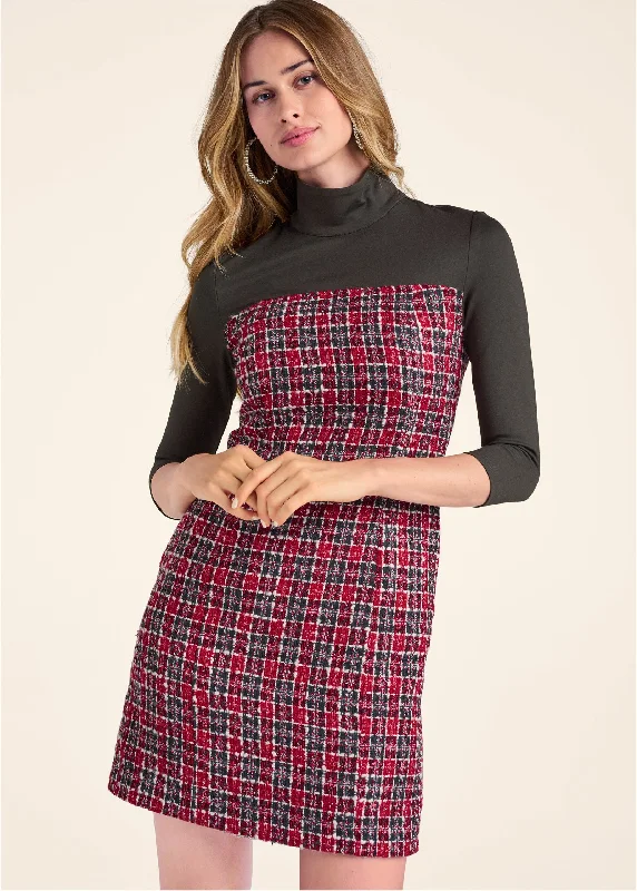 Printed mini dresses for a casual day outMock-Neck Plaid Tweed Dress - Red & Black
