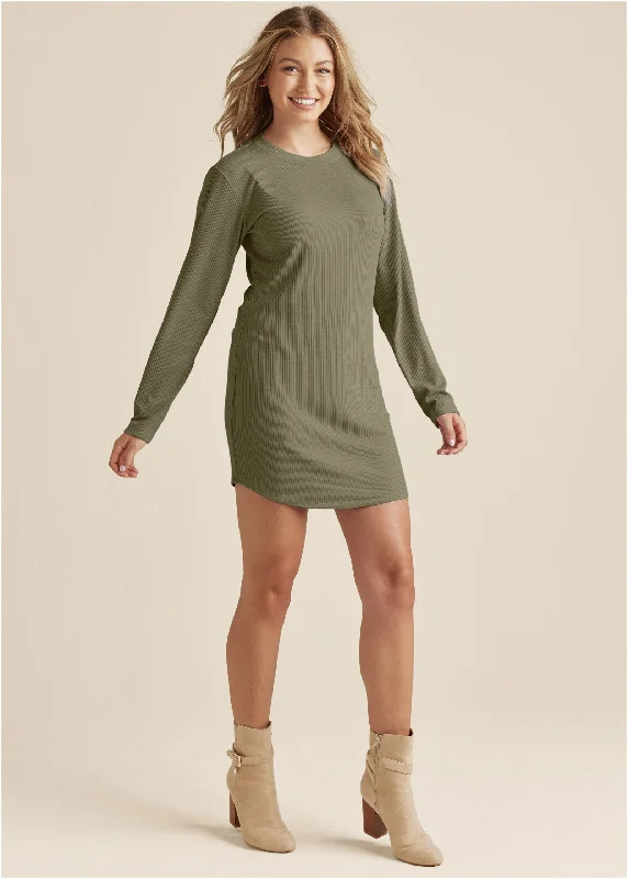 Mini dresses with puff sleeves for a vintage lookRibbed T-Shirt Dress - Olive