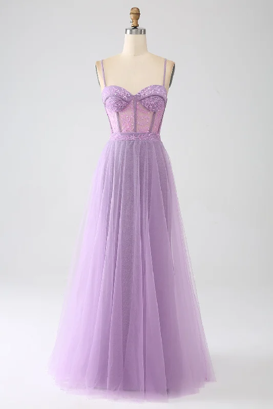 Cocktail dresses with cold - shoulder designs in a lightweight fabricA-Line Lilac Spaghetti Straps Long Corset Prom Dress