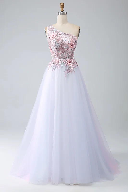 Cocktail dresses with a pleated skirt and a square necklineA-Line One Shoulder Pink Prom Dress with Appliques