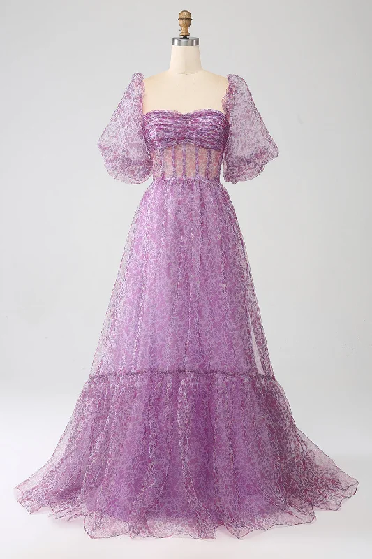 Cocktail dresses with a velvet - trimmed collar and a short skirtA-Line Square Neck Purple Corset Prom Dress with Half Sleeves