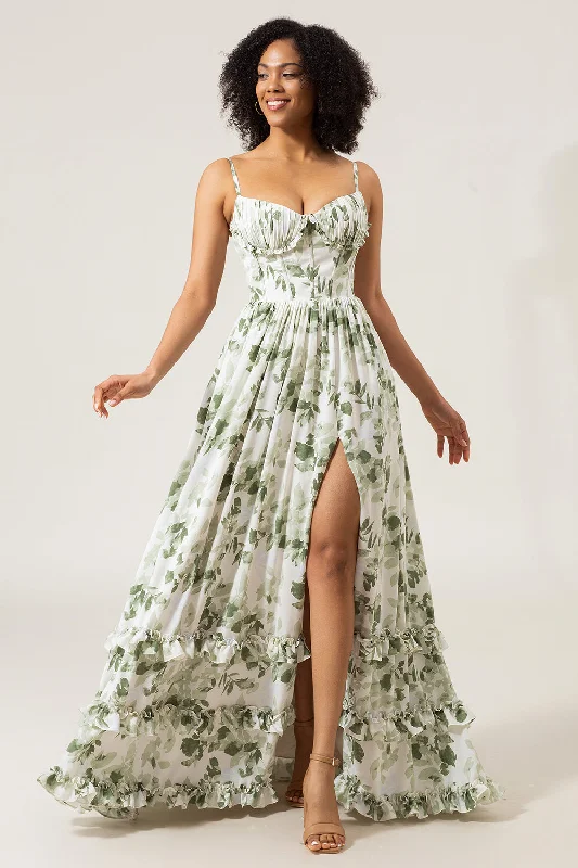 Satin - lined cocktail dresses with a lace outer layerA-Line Spaghetti Straps Green Printed Long Prom Dress With Slit