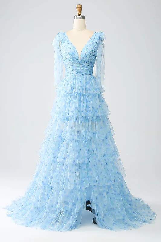 Ribbed - texture cocktail dresses with a cap - sleeve designA-Line V-Neck Light Blue Tiered Prom Dress