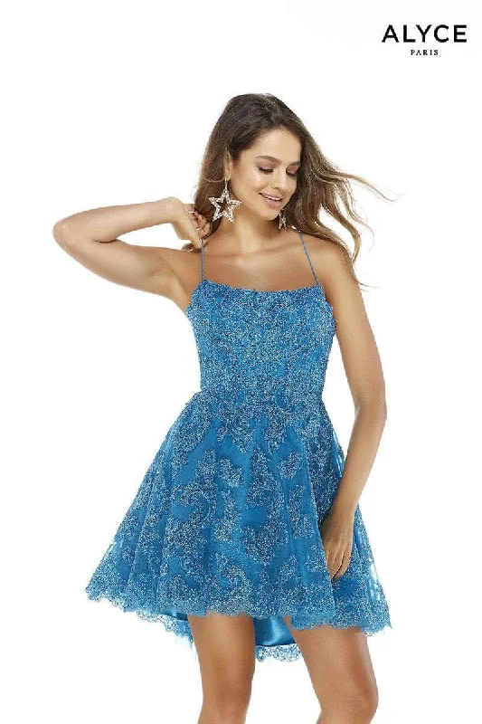 Sheer cocktail dresses with a lining and a short hemAlyce Paris 3069 - Scoop Neck Lace-Up Cocktail Dress