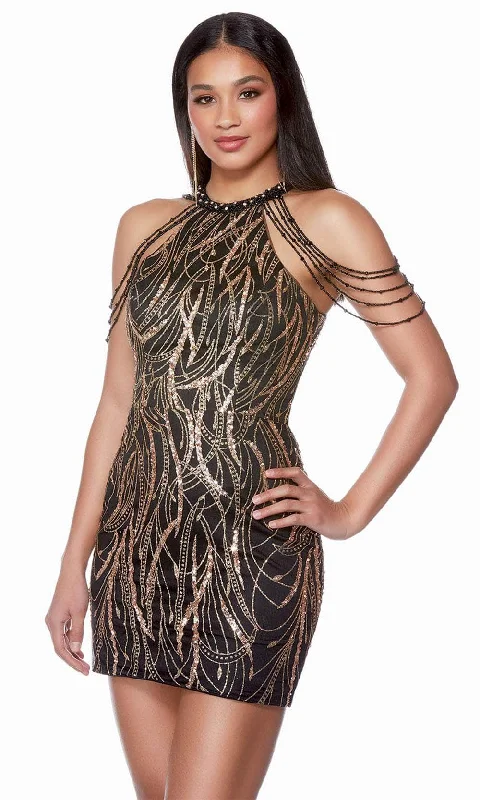 Metallic cocktail dresses with a halter neck for a glamorous occasionAlyce Paris 4682 - Fringe Detail Halter Cocktail Dress