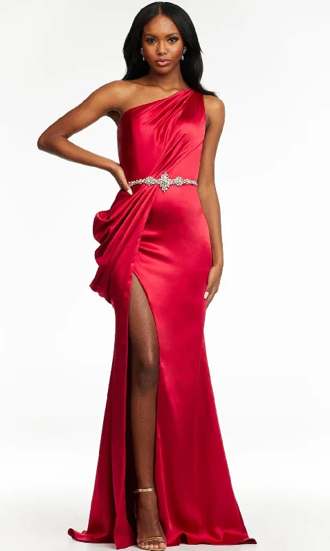 Formal dresses with high - low hems and floral embroidery for a unique prom styleAshley Lauren - 11164 One Shoulder Draped Gown