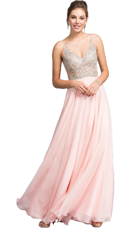 Formal dresses with ruffled skirts and bow accents for a charming prom appearanceAspeed Design - Embellished Plunging V-neck A-line Prom Dress Formal dresses with ruffled skirts and bow accents for a charming prom appearanceAspeed Design - Embellished Plunging V-neck A-line Prom Dress
