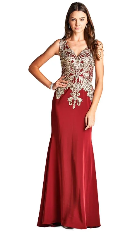 Formal dresses with halter necks and lace - up backs for a stylish promAspeed Design - Embroidered V-neck Sheath Evening Dress