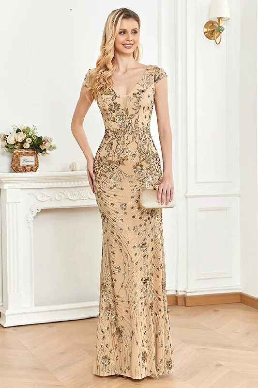 A - line cocktail dresses with floral embroidery for spring partiesBeading Golden Sheath Formal Dress with V-neck