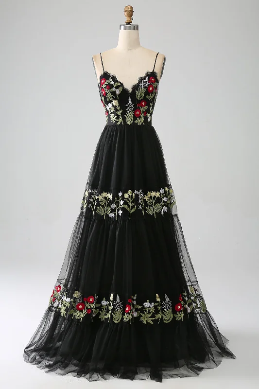 Long - cocktail dresses with a slit and a fitted bodiceBlack A-Line Spaghetti Straps Embroidered Long Corset Prom Dress