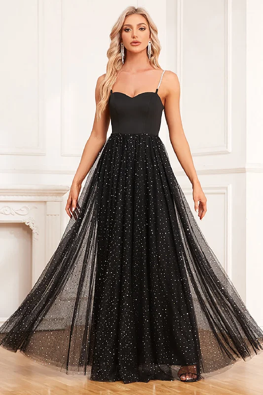 Little black cocktail dresses with lace detailingBlack A-Line Spaghetti Straps Long Prom Dress