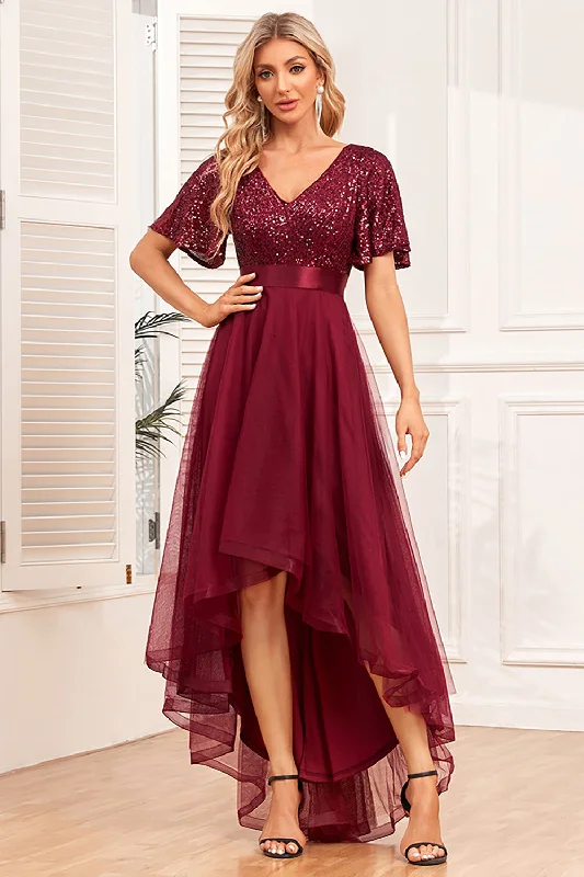 Ruffled cocktail dresses with a knee - length hem for a feminine appealBurgundy A-Line V Neck Short Sleeves High Low Prom Dress