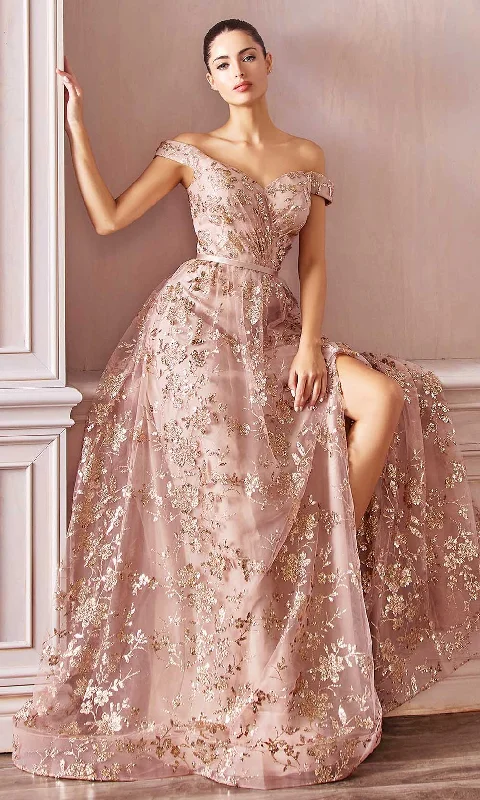 Prom dresses with lace - up side panels and ruffled bodices for a feminine and detailed lookCinderella Divine - CB069 Embellished Print Off Shoulder Gown