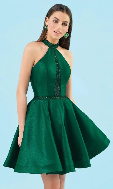 Ribbed - texture cocktail dresses with a cap - sleeve designClarisse - S3753 High Halter A-Line Cocktail Dress