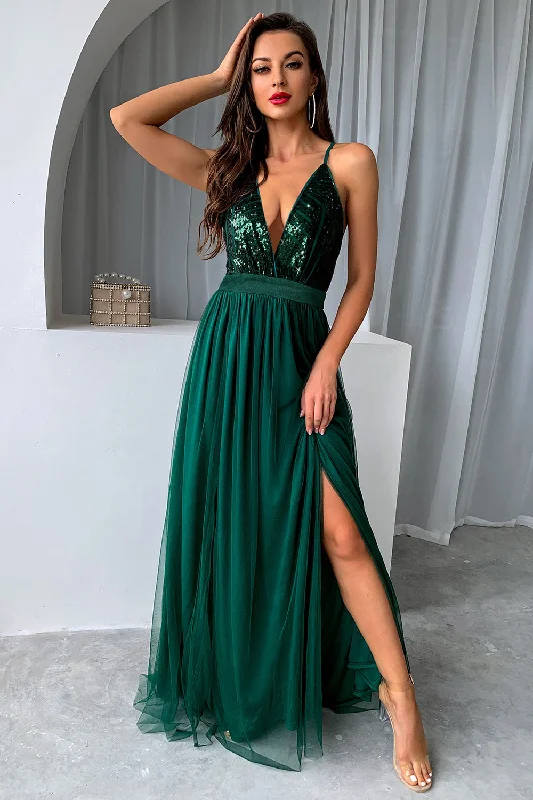 Mini cocktail dresses with a cold - shoulder ruffled sleeveDark Green A-Line Spaghetti Straps Long Prom Dress with Slit