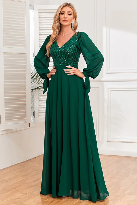 Cocktail dresses with a one - piece design and a statement bowDark Green A-Line V Neck Long Prom Dress With Sequins