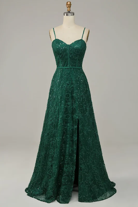 Cocktail dresses with an abstract print and a high - low hemlineDark Green Lace Spaghetti Straps Corset Prom Dress