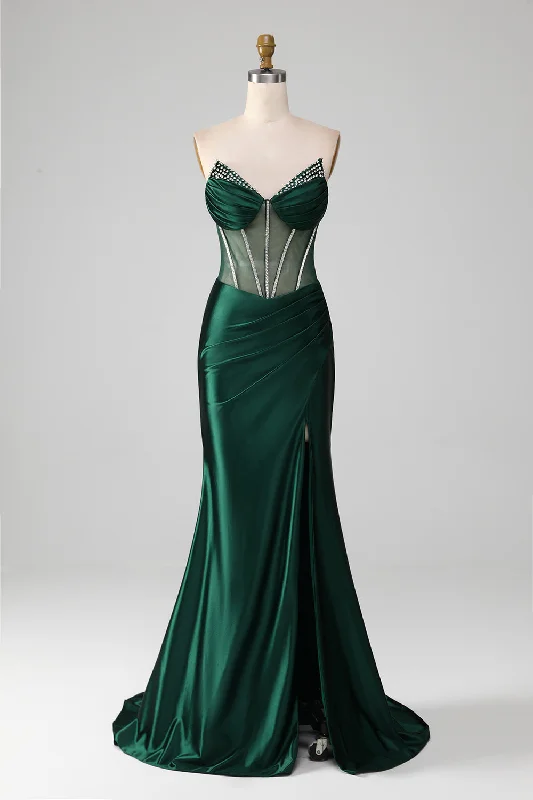 Cocktail dresses with a wrap - around style and a belted waistMermaid Sweetheart Dark Green Corset Prom Dress with Split Front